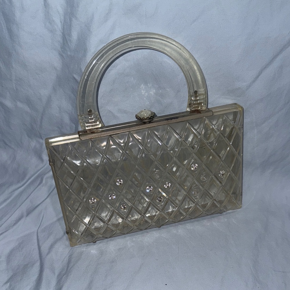 Vintage Clear Lucite with Rhinestones Convertible Clutch Purse